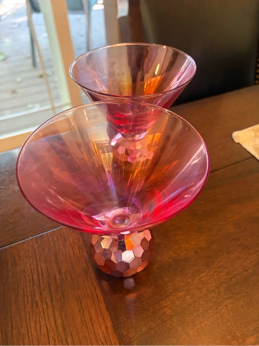 Pink Iridescent Martini Glasses with Faceted Ball Base - Set of 2